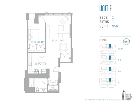Floor plan for 1 bed, 1 bath, 956 sqft